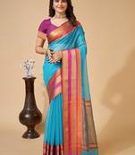 Turquoise silk blend woven design saree with blouse