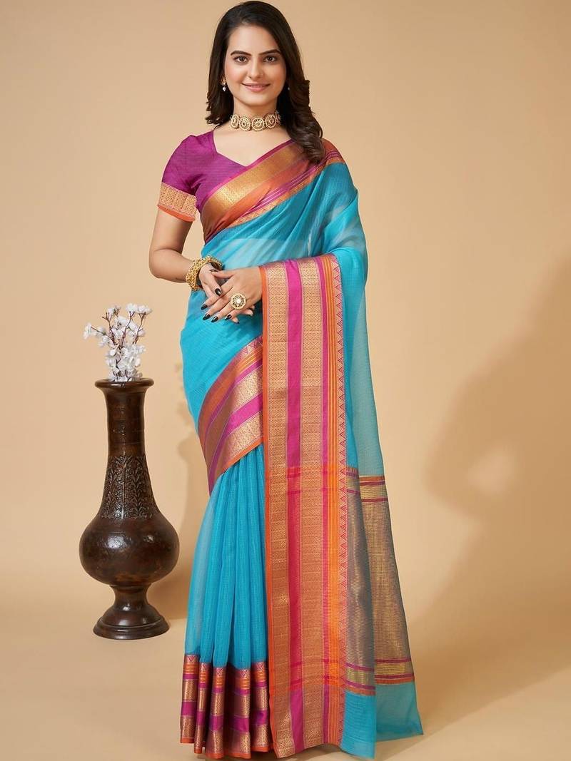 Turquoise silk blend woven design saree with blouse