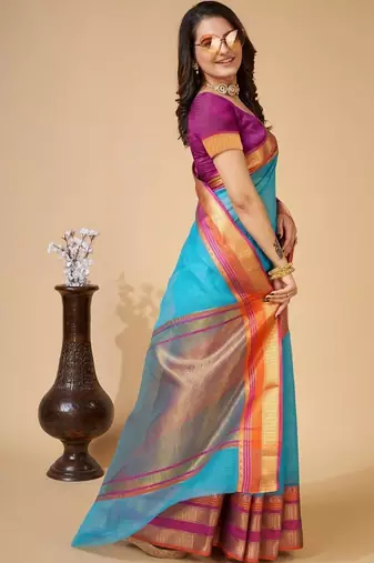Turquoise silk blend woven design saree with blouse