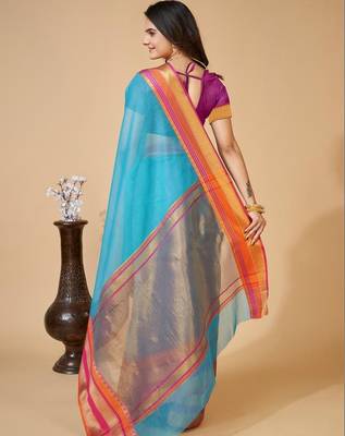 Turquoise silk blend woven design saree with blouse 3