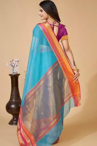 Turquoise silk blend woven design saree with blouse