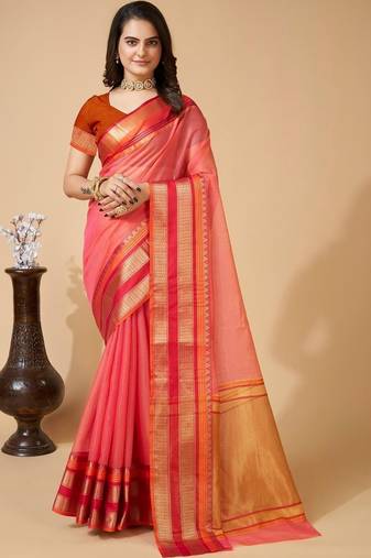 Pink silk blend woven design saree with blouse