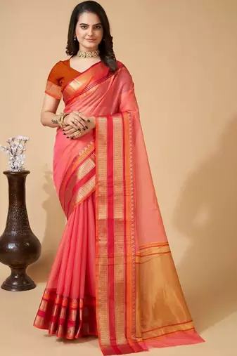 Pink silk blend woven design saree with blouse