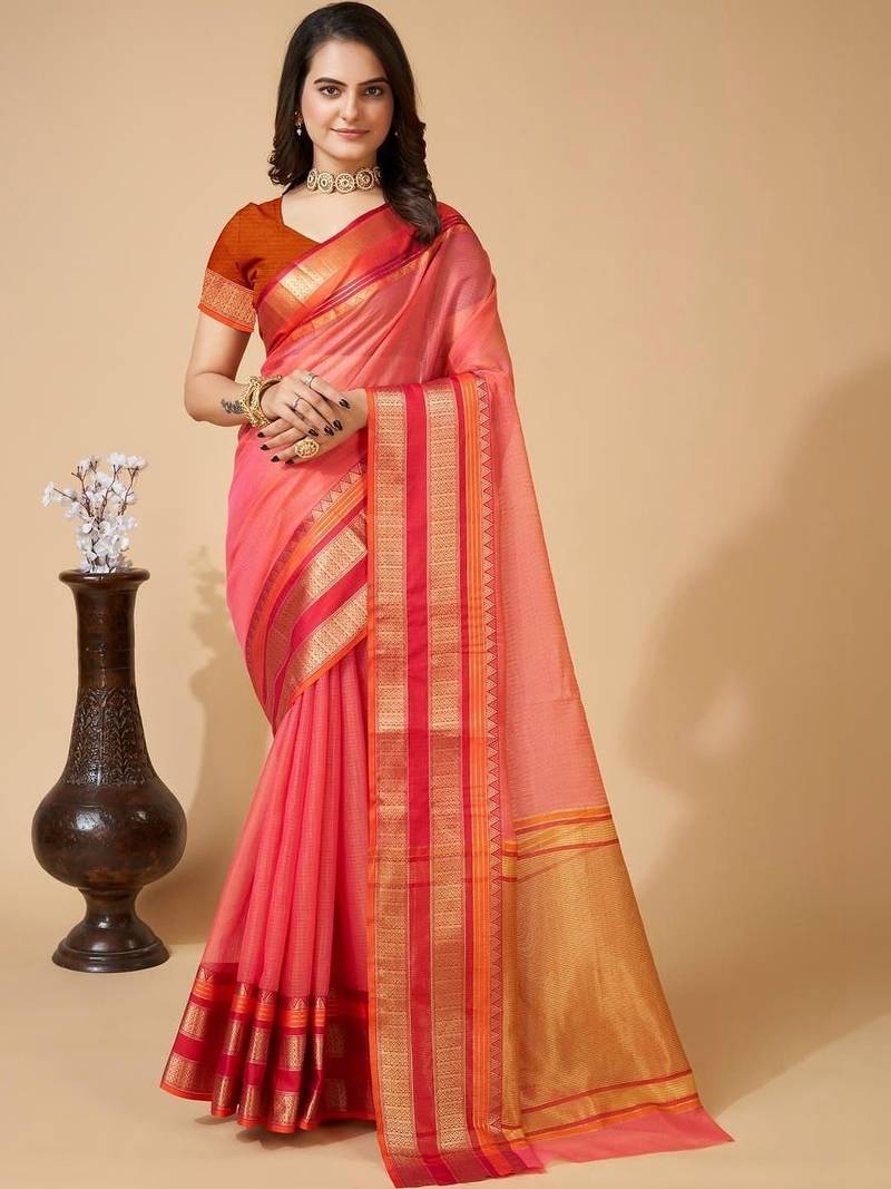 Pink silk blend woven design saree with blouse