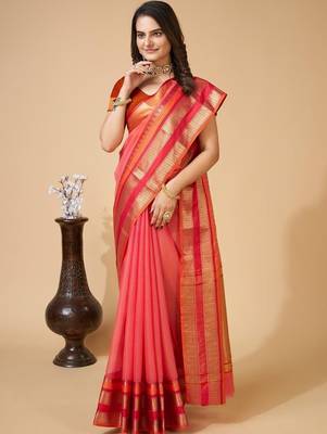 Pink silk blend woven design saree with blouse 2