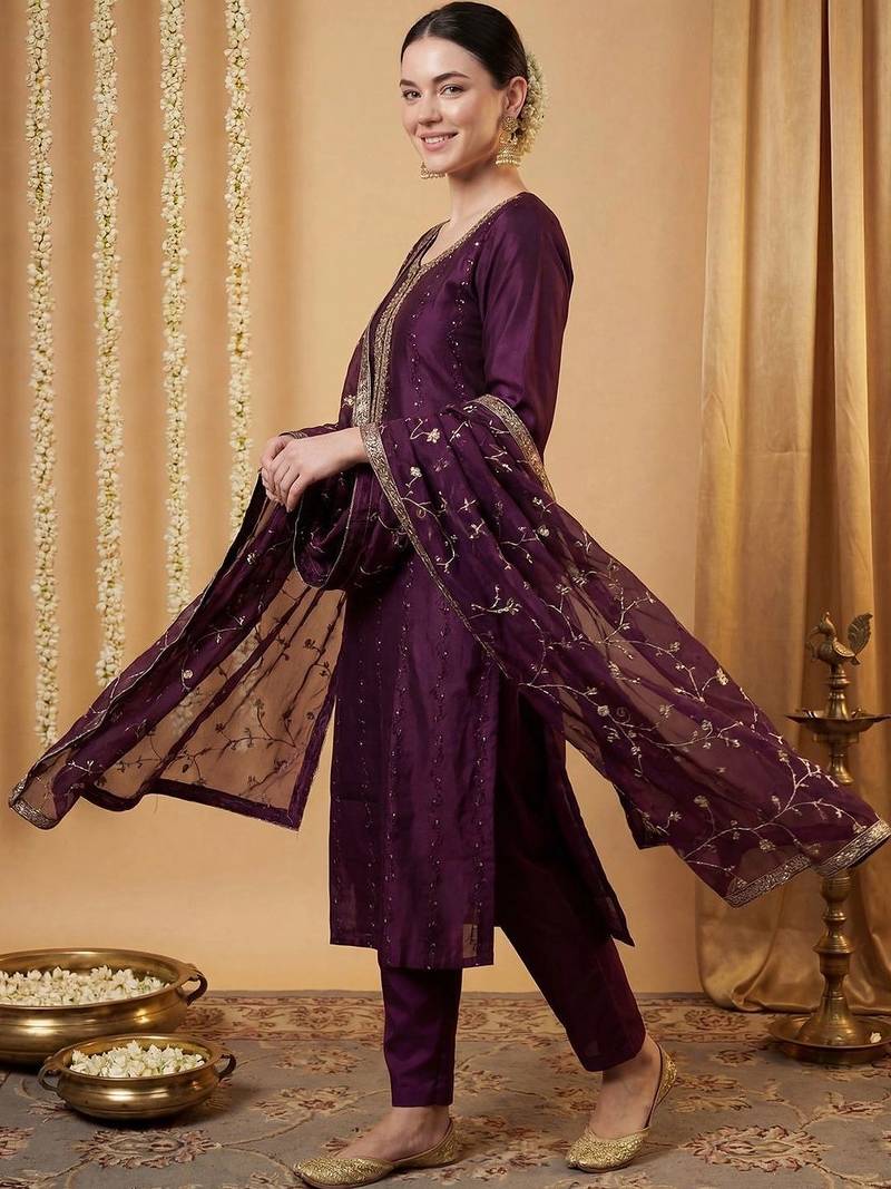 Women Ethnic Motifs Embroidered Regular Kurta with Trousers & With Dupatta