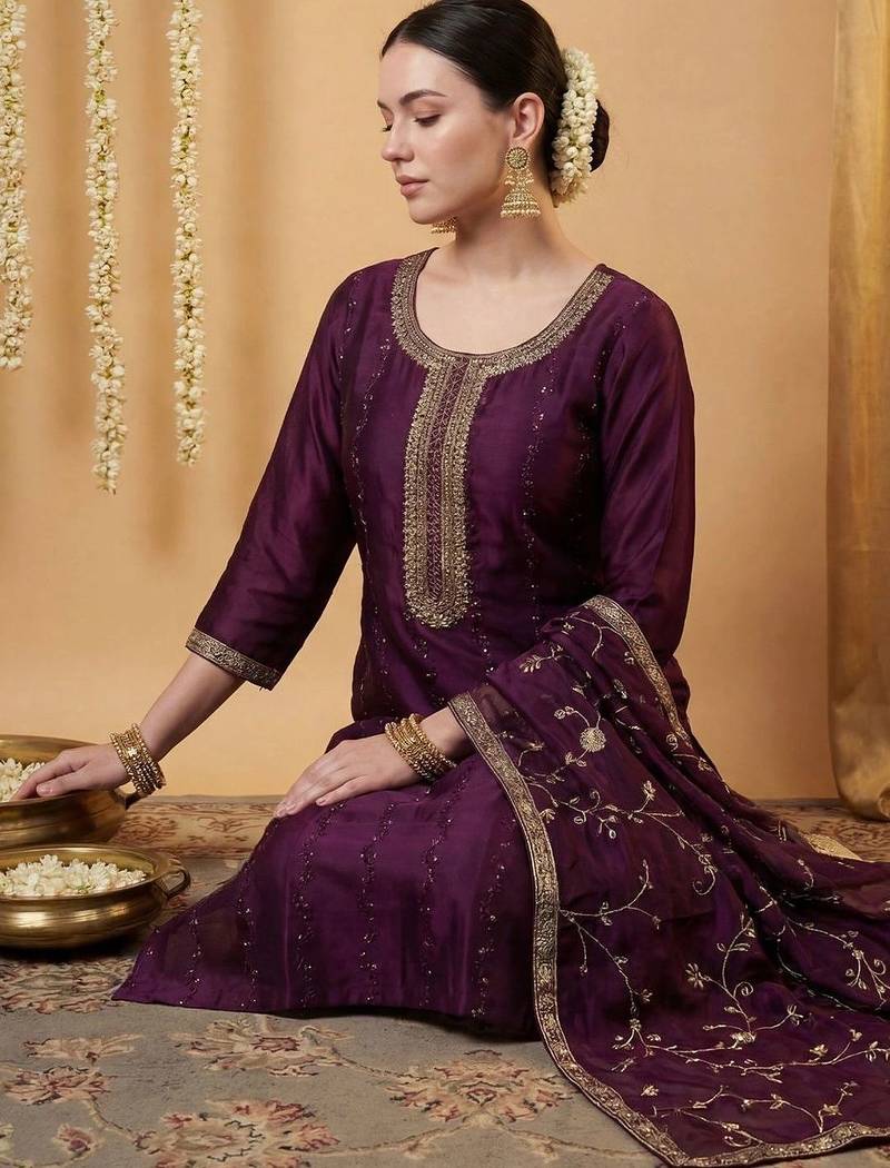 Women Ethnic Motifs Embroidered Regular Kurta with Trousers & With Dupatta