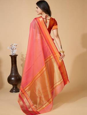 Pink silk blend woven design saree with blouse 3