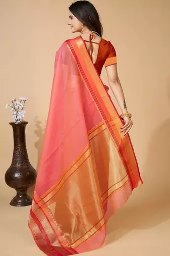 Pink silk blend woven design saree with blouse