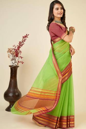 Lime silk blend woven design saree with blouse