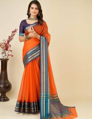 Orange silk blend woven design saree with blouse 1