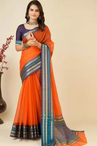 Orange silk blend woven design saree with blouse