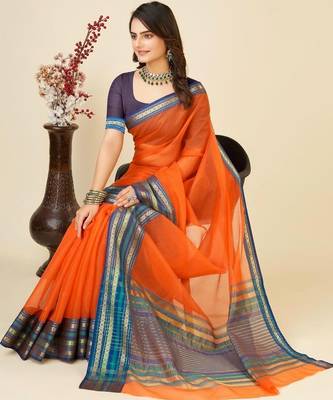 Orange silk blend woven design saree with blouse 2