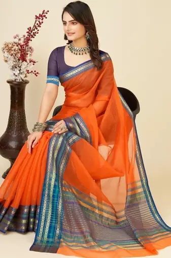 Orange silk blend woven design saree with blouse