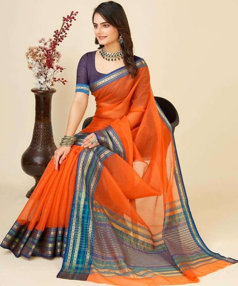Orange silk blend woven design saree with blouse