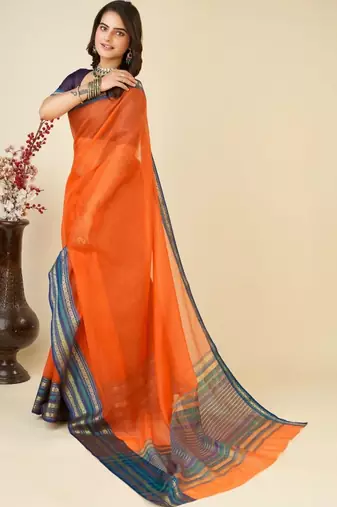 Orange silk blend woven design saree with blouse
