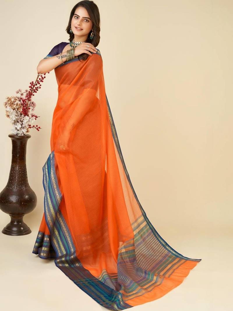 Orange silk blend woven design saree with blouse