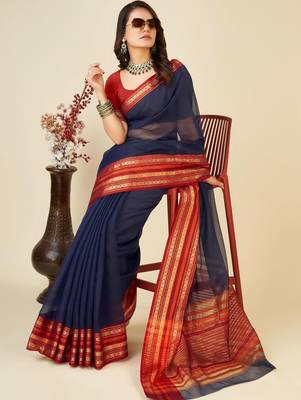 Navy blue silk blend woven design saree with blouse 1