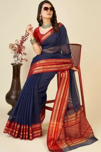 Navy blue silk blend woven design saree with blouse