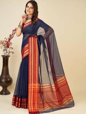 Navy blue silk blend woven design saree with blouse 2