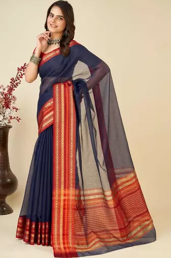 Navy blue silk blend woven design saree with blouse