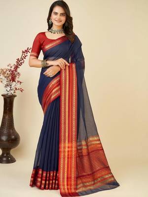 Navy blue silk blend woven design saree with blouse 3