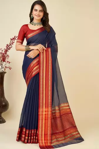 Navy blue silk blend woven design saree with blouse
