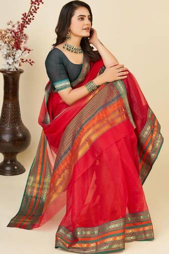 Red silk blend woven design saree with blouse