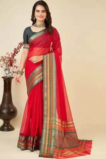 Red silk blend woven design saree with blouse