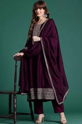 Women Ethnic Motifs Embroidered Regular Kurta with Trousers & With Dupatta