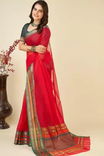 Red silk blend woven design saree with blouse