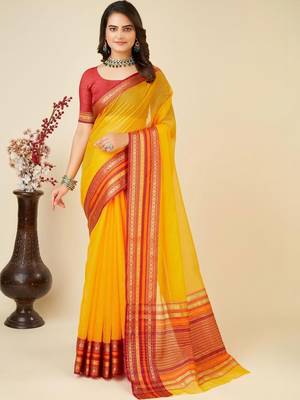 Yellow silk blend woven design saree with blouse 1