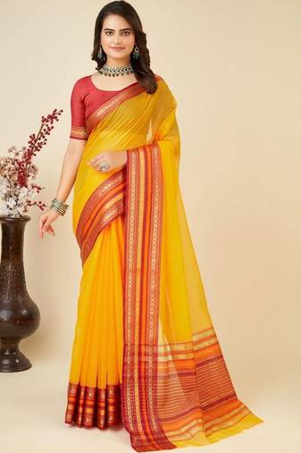 Yellow silk blend woven design saree with blouse