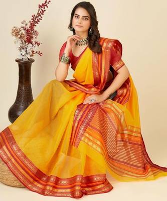 Yellow silk blend woven design saree with blouse 2