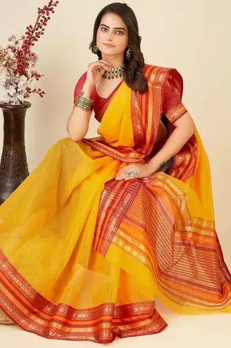 Yellow silk blend woven design saree with blouse