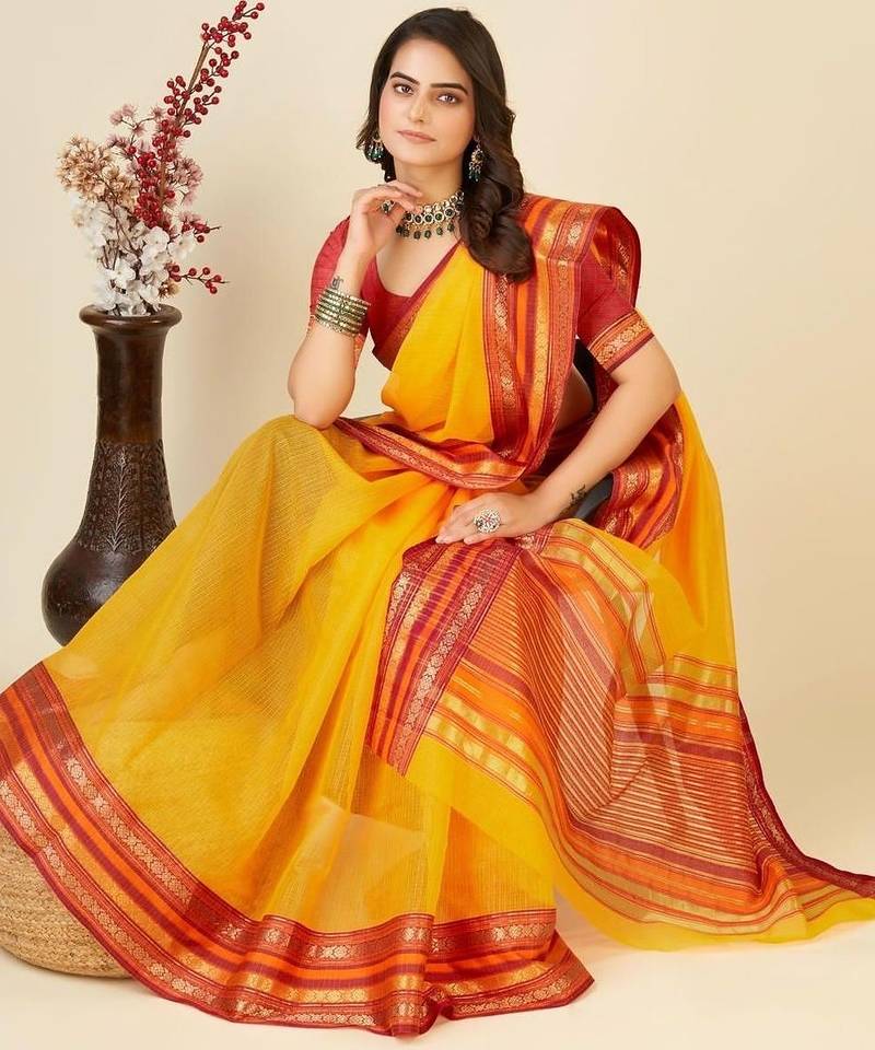 Yellow silk blend woven design saree with blouse