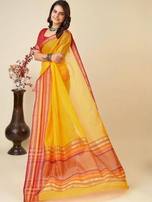 Yellow silk blend woven design saree with blouse 3