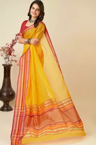 Yellow silk blend woven design saree with blouse