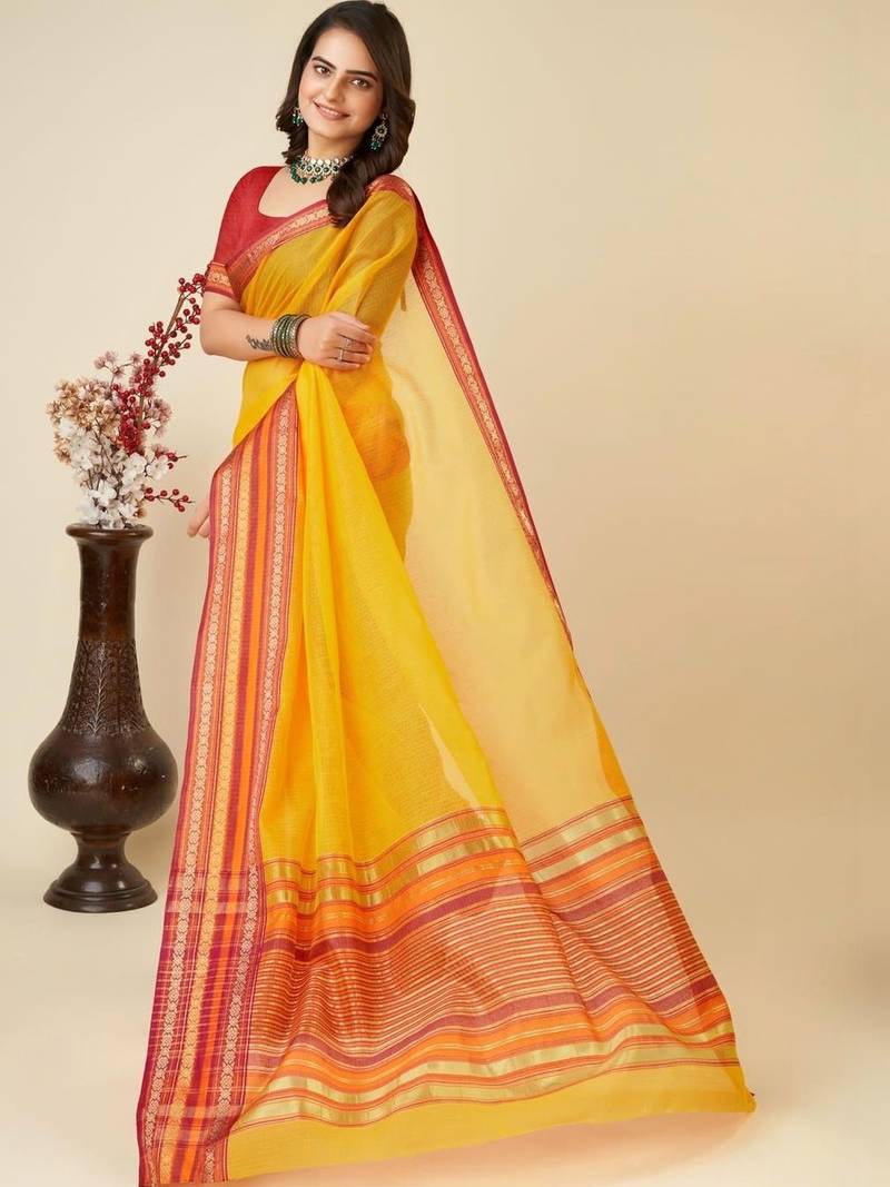 Yellow silk blend woven design saree with blouse