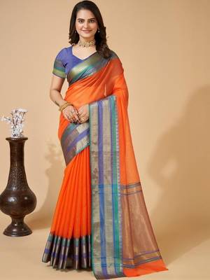 Orange silk blend woven design saree with blouse 1