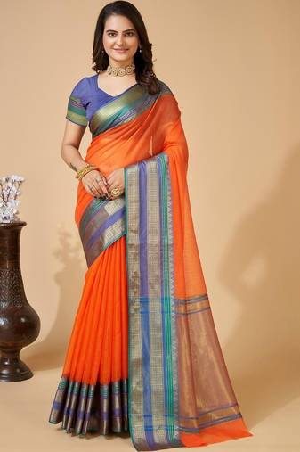 Orange silk blend woven design saree with blouse