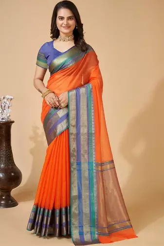 Orange silk blend woven design saree with blouse