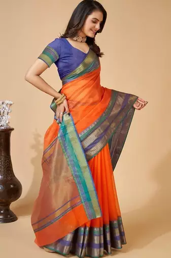 Orange silk blend woven design saree with blouse