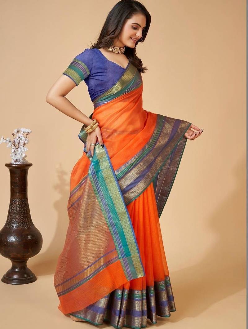 Orange silk blend woven design saree with blouse