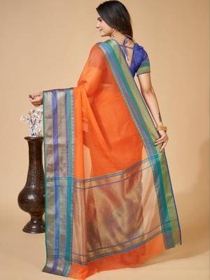 Orange silk blend woven design saree with blouse 3