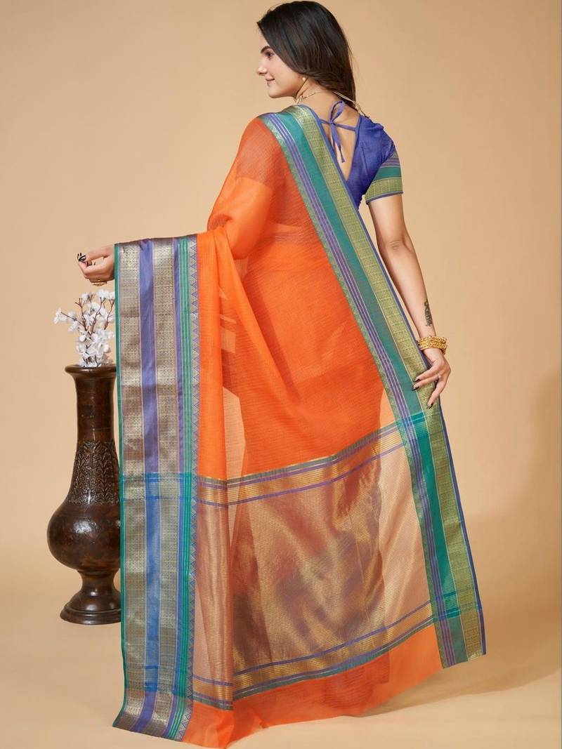 Orange silk blend woven design saree with blouse