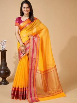 Yellow silk blend woven design saree with blouse 1