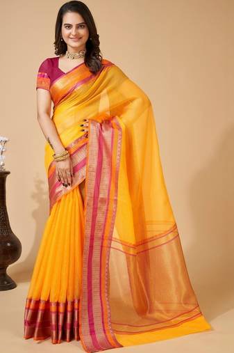 Yellow silk blend woven design saree with blouse