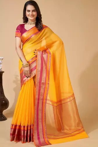 Yellow silk blend woven design saree with blouse