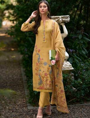 Women Ethnic Motifs Printed Regular Thread Work Linen Kurta with Trousers & With Dupatta 1